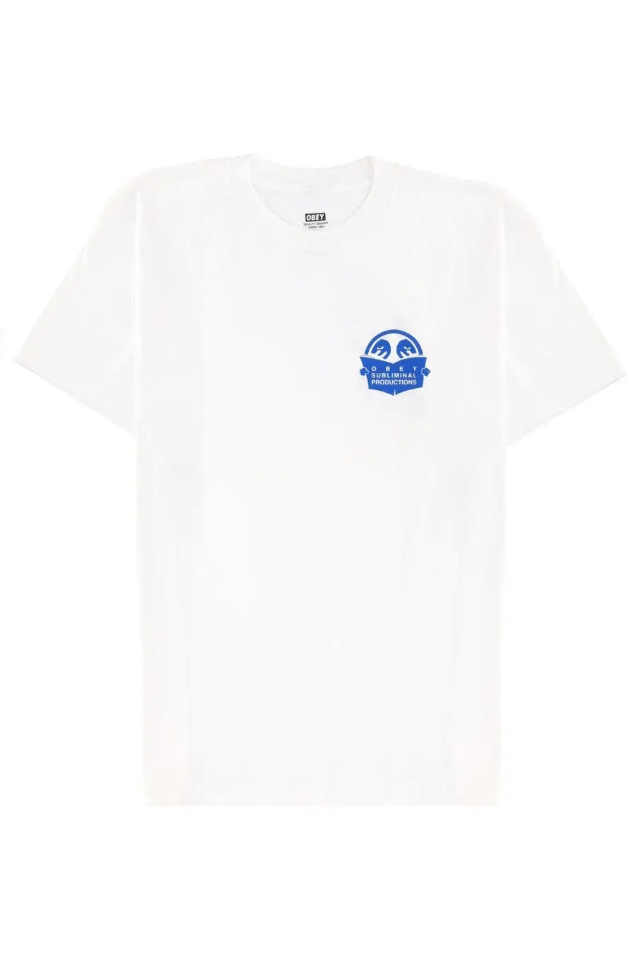 White cotton obey men’s subliminal productions shirt with blue graphic logo on left chest front side