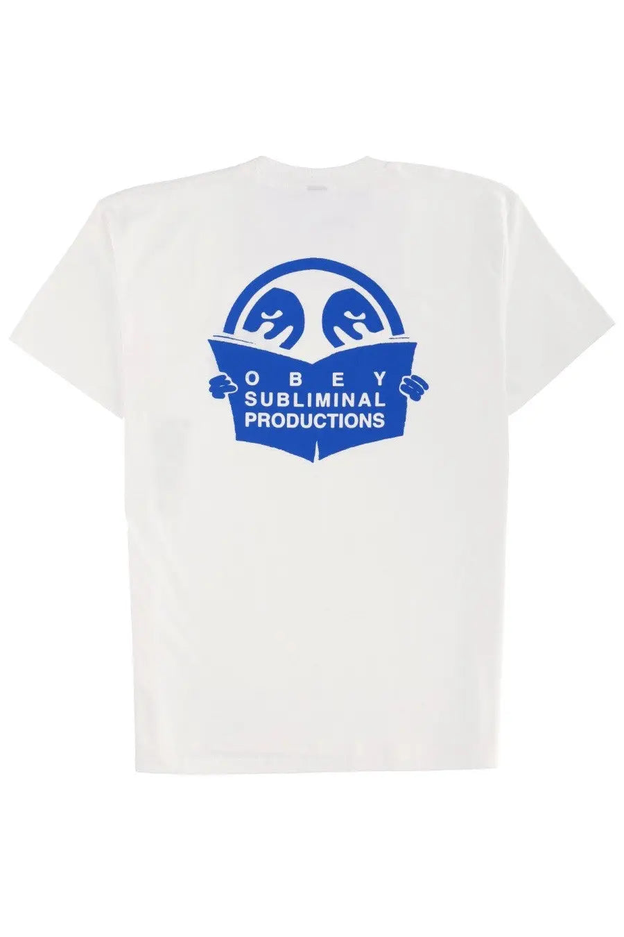 White cotton obey men’s subliminal productions shirt with bold blue cartoon faces reading a book graphic