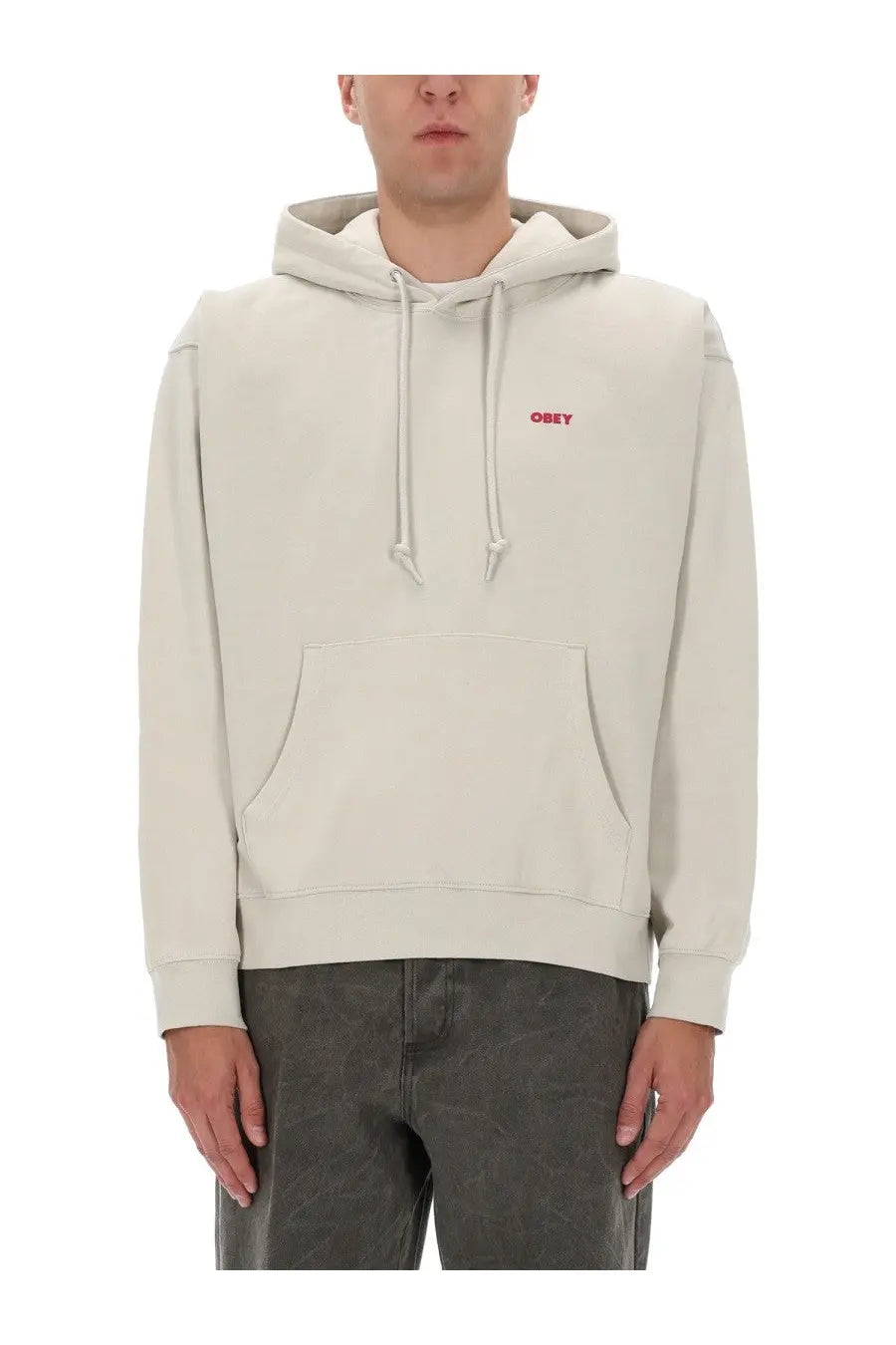 Obey men’s sweatshirt beige cream-colored obey hoodie with subtle red logo on chest and matching drawstrings