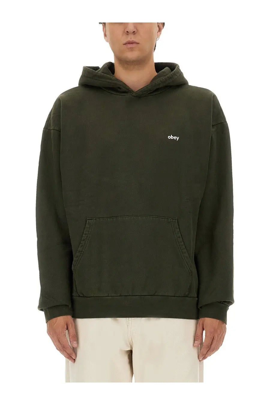 Obey men’s sweatshirt black in dark olive green with a subtle white embroidered logo on the chest