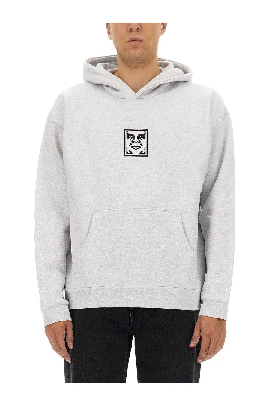 Obey men’s sweatshirt grey light gray heathered hoodie with black and white graphic logo on the chest
