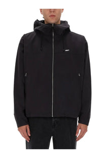Obey men’s Vista jacket black hooded jacket with silver zipper and subtle white logo on the chest