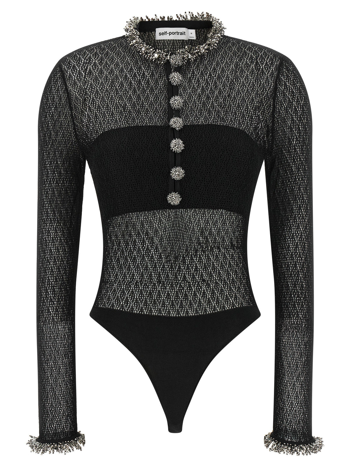 self-portrait Openwork Knitted Bodysuit Black