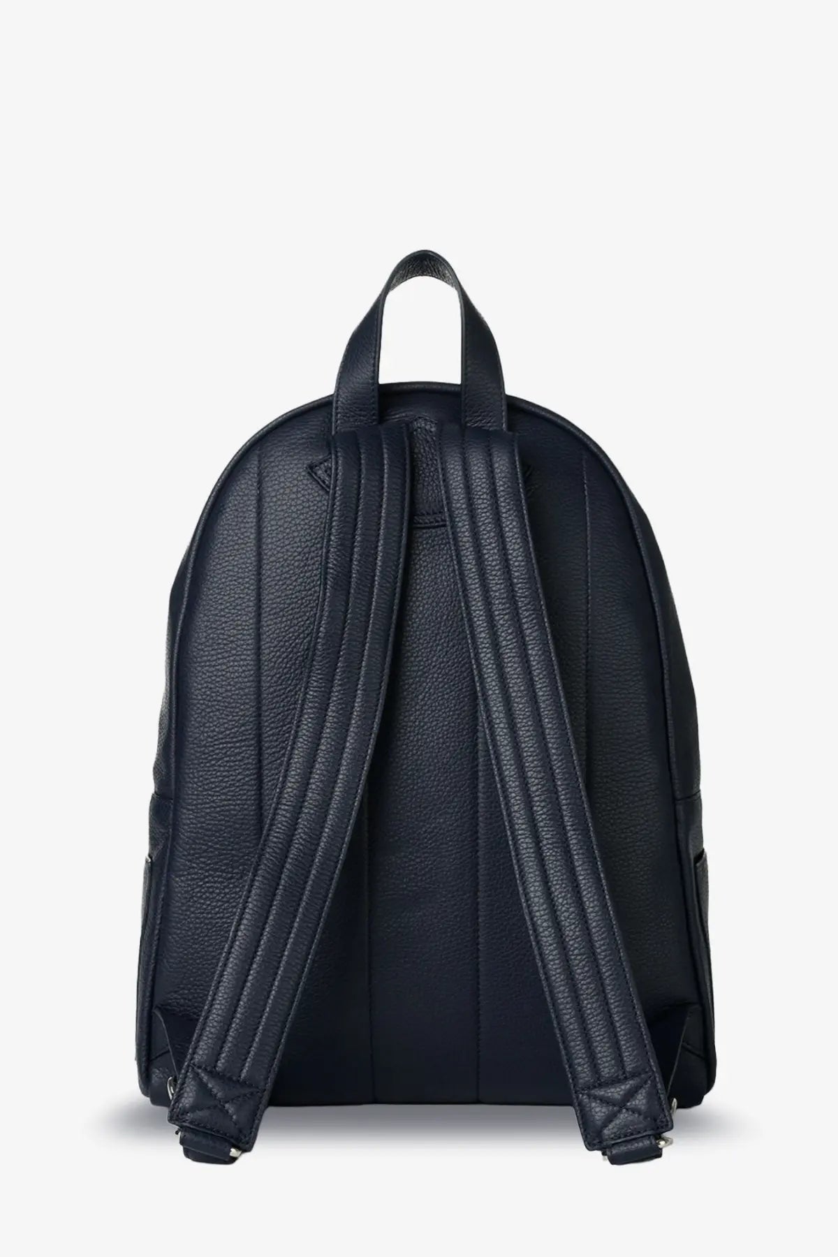 Orciani men’s leather backpack in blue with black textured leather back padded shoulder straps and top handle