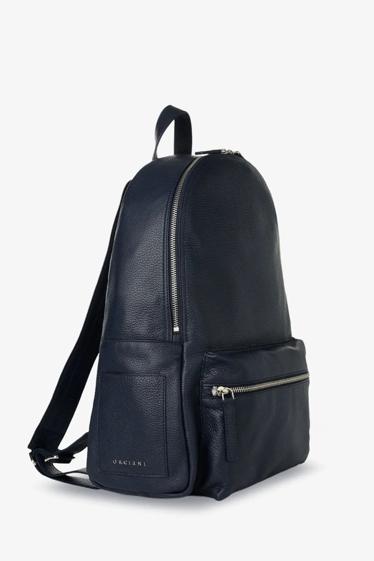Orciani men’s leather backpack in dark navy pebbled leather with silver zippers and subtle front pocket logo