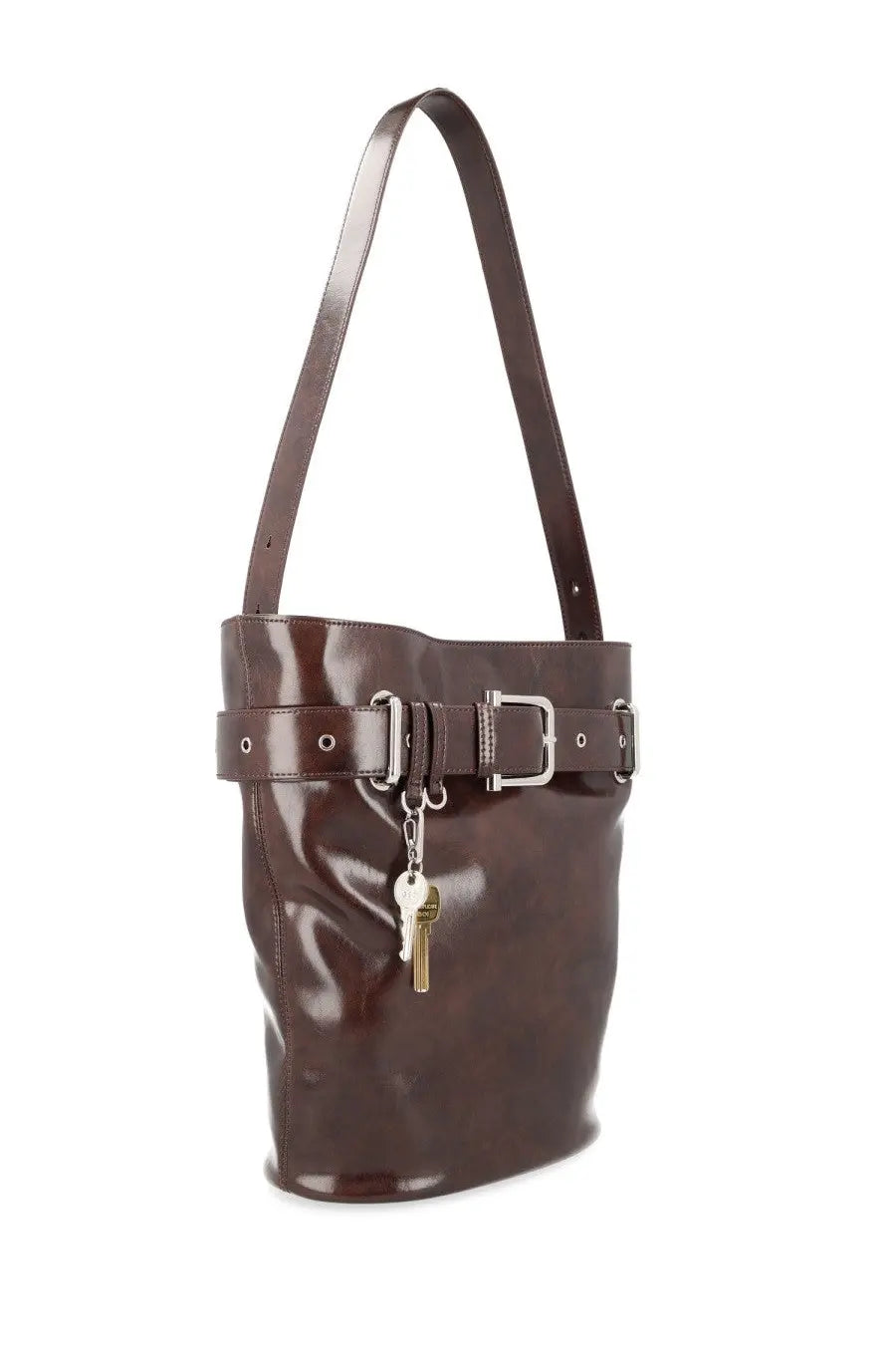 Osoi women’s borsa brocle brown patent leather bucket bag with silver-toned buckle strap and key charm