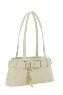 Cream-colored leather handbag with dual shoulder straps and silver buckle belt detail by Osoi borsa brocle mini white