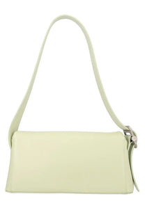 A sleek pale green leather shoulder bag by Osoi with minimalist design and silver-toned hardware