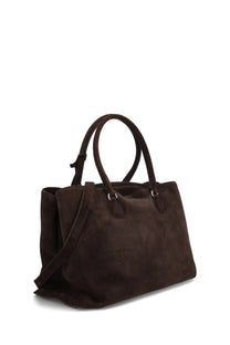 Brown suede tote bag with top handles and detachable shoulder strap from osoi womens shell brot large bag collection