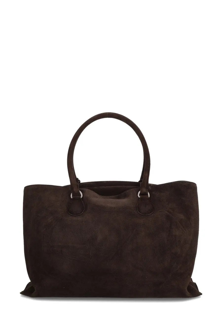 Osoi women’s shell brot large bag brown suede tote with rounded top handles and silver toned hardware