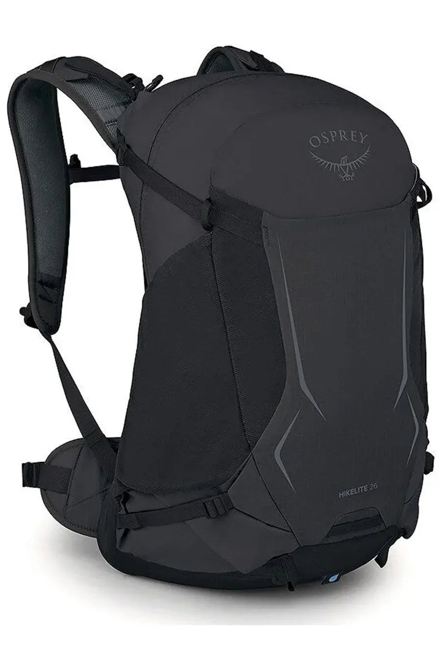 Dark gray osprey unisex hikelite 28 backpack with subtle silver logo and geometric stitching details in black