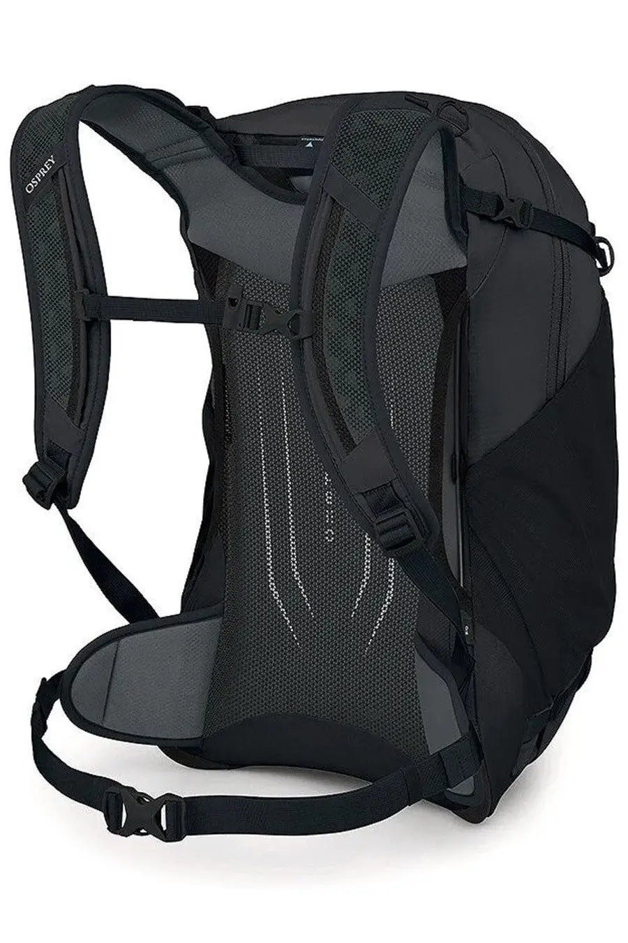 Backside of osprey unisex zaino hikelite black backpack with black and gray mesh back panel and adjustable straps