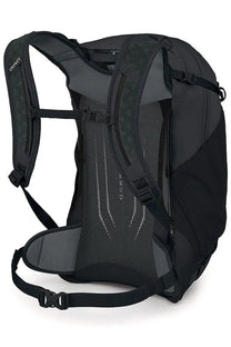 Backside of osprey unisex zaino hikelite black backpack with black and gray mesh back panel and adjustable straps