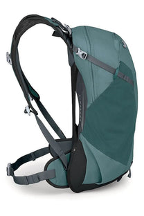 Osprey unisex zaino hikelite blue teal and black backpack with adjustable straps and zippered compartments shown from the back