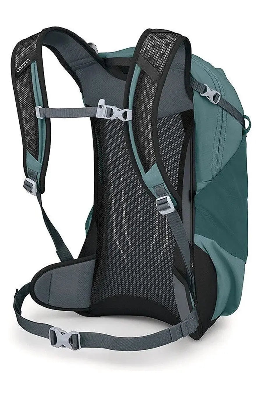 Teal and gray osprey unisex zaino hikelite blue backpack back view with mesh panel and adjustable straps