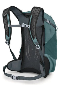 Teal and gray osprey unisex zaino hikelite blue backpack back view with mesh panel and adjustable straps