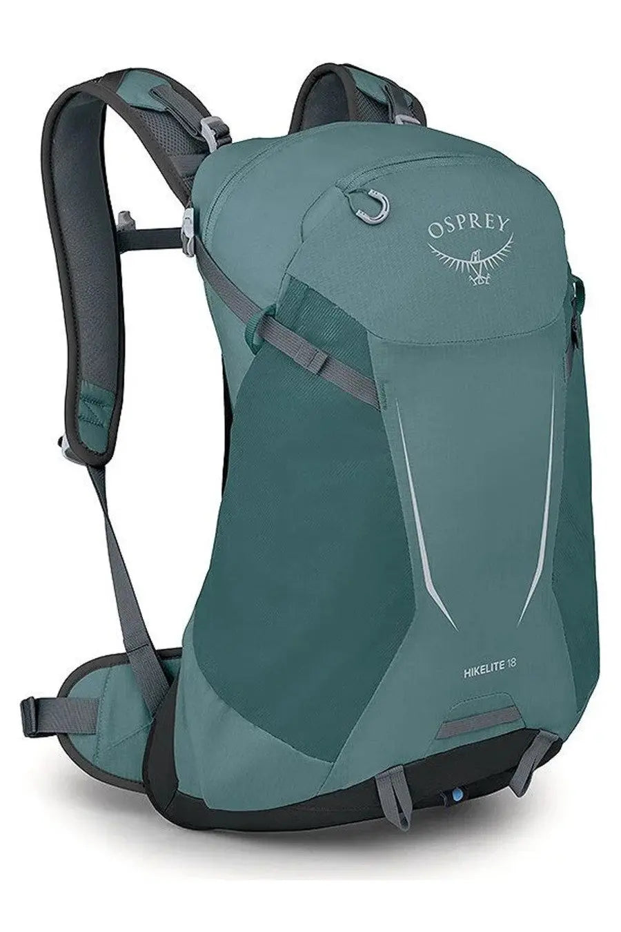Teal and gray osprey hikelite elite 18 backpack with sleek modern design shown from the back side