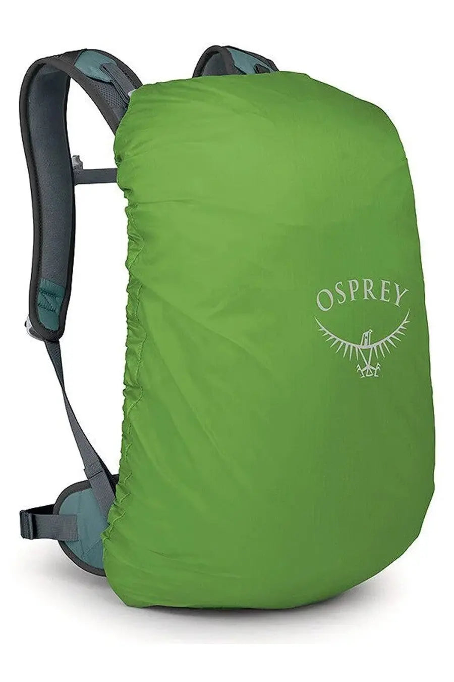A vibrant lime green osprey rain cover with a white logo protecting backpacks from moisture, shown from the back