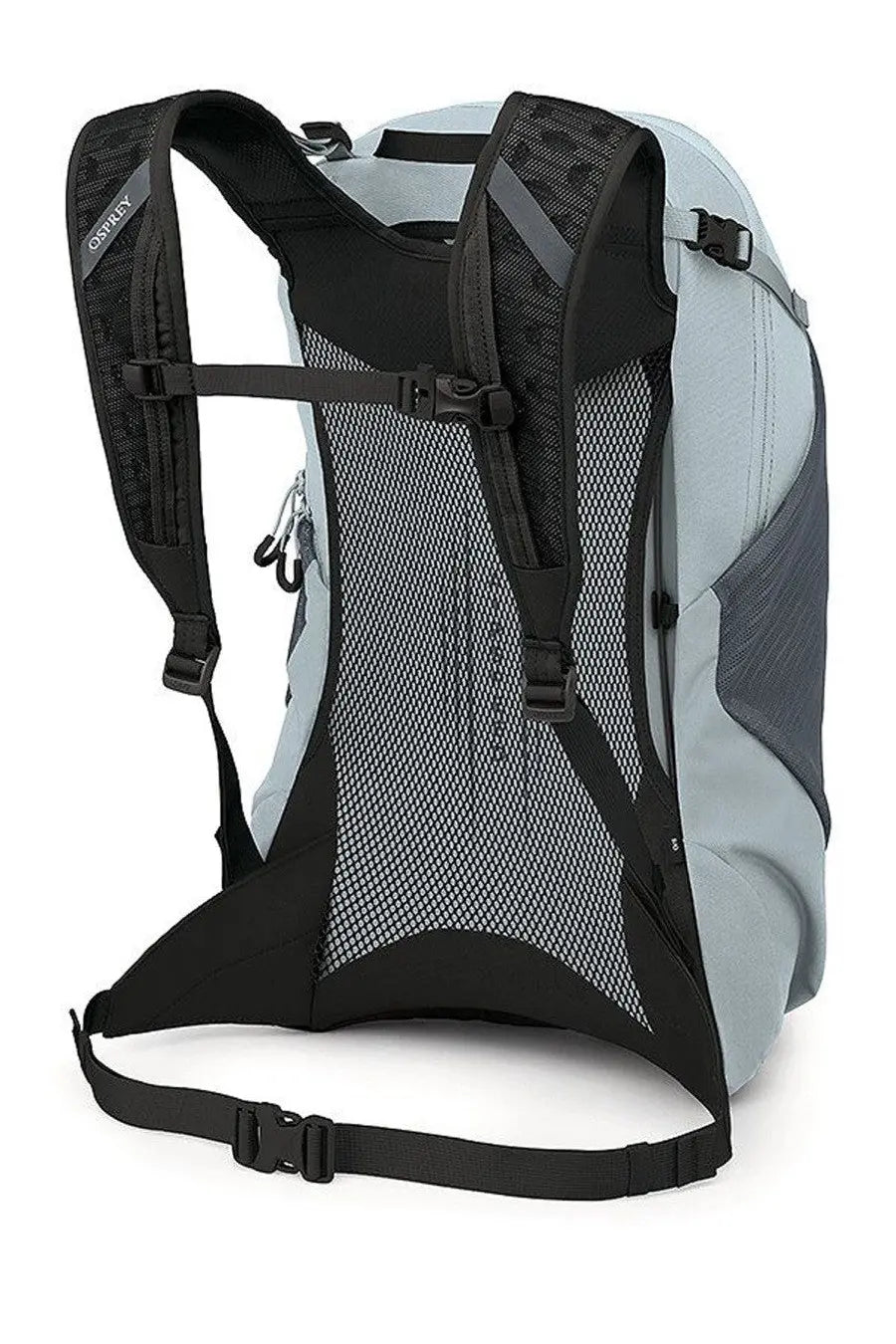 Light gray and black osprey unisex zaino hikelite LT silver backpack back with mesh panel and adjustable straps
