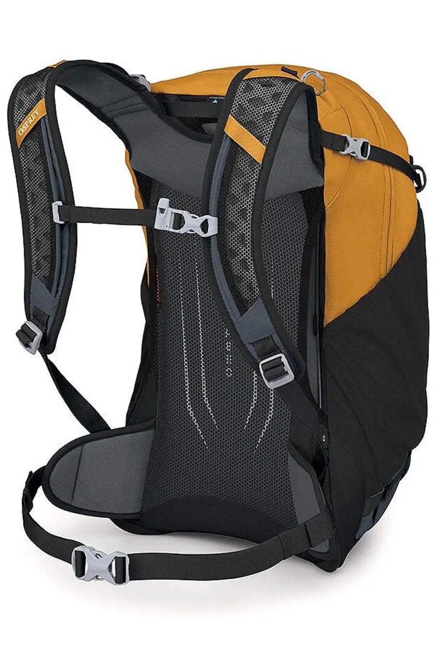 Osprey unisex zaino hikelite yellow backpack back view in black and orange with mesh panel gray padding and silver buckles
