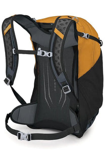 Osprey unisex zaino hikelite yellow backpack back view in black and orange with mesh panel gray padding and silver buckles