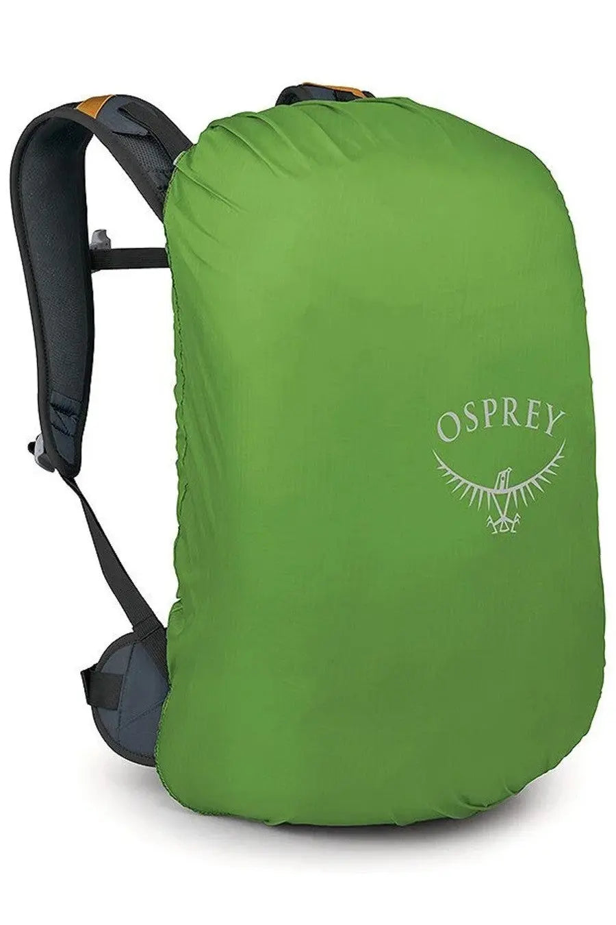Green osprey rain cover with subtle white logo designed for osprey unisex zaino hikelite yellow backpack