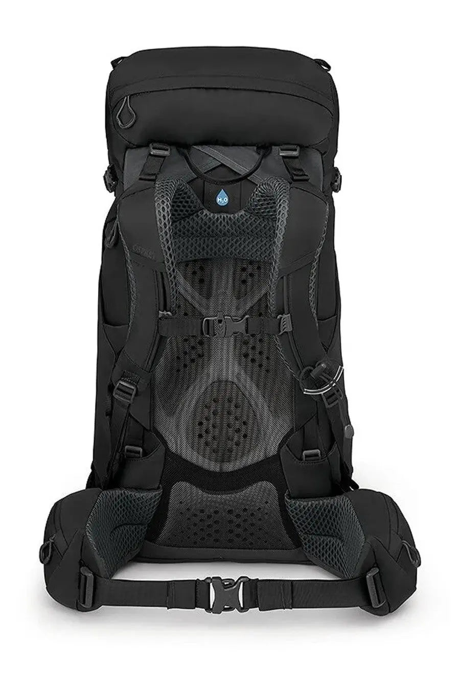 Osprey unisex zaino kestrel black backpack showing mesh ventilation panels and water droplet logo on shoulder strap
