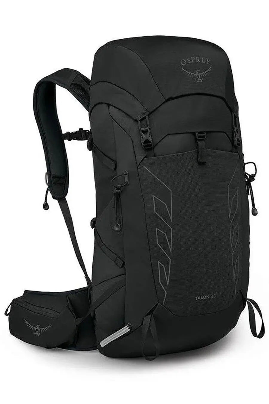 Osprey unisex zaino talon black backpack with subtle gray geometric patterns and matching hip pack shown from front