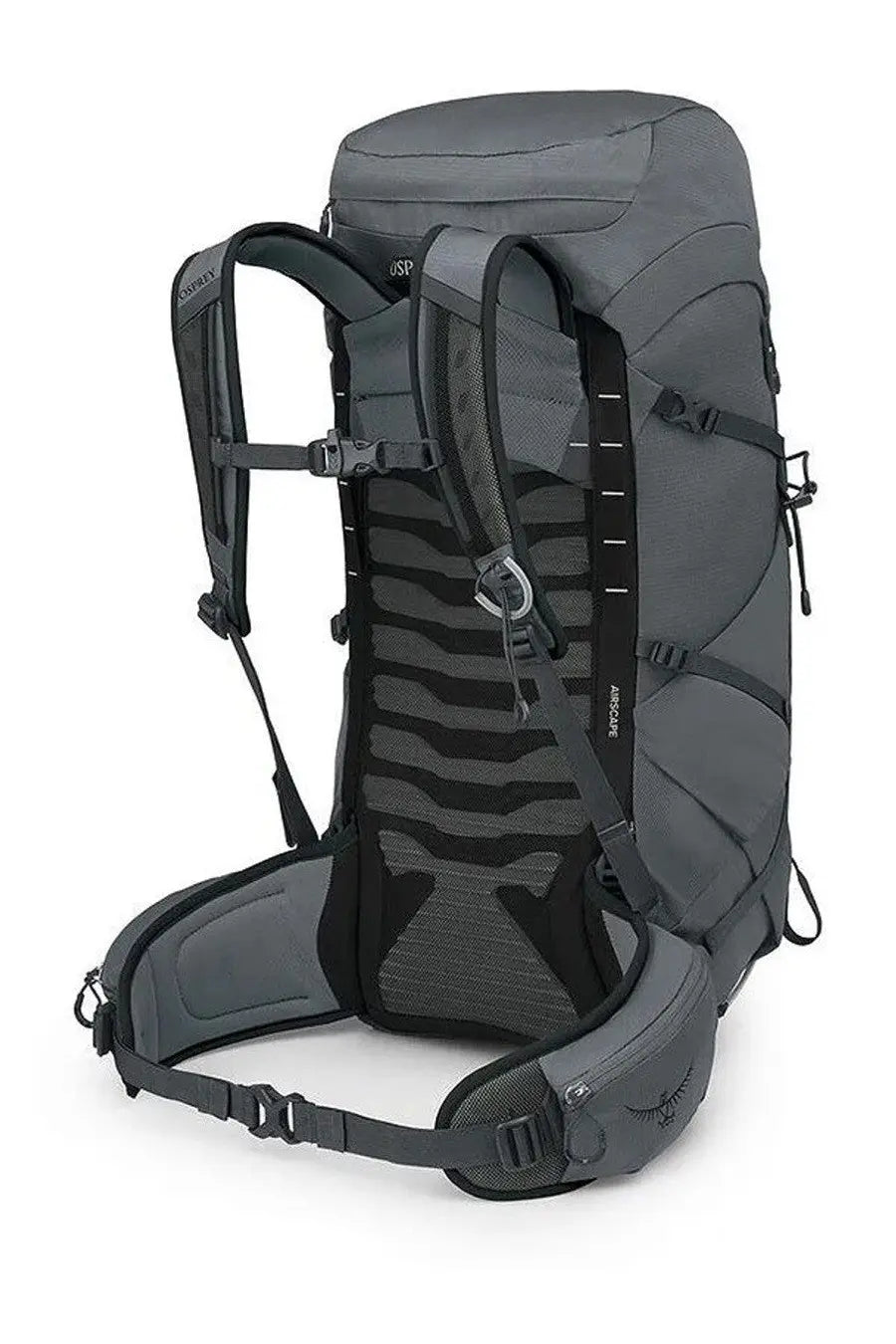Front view of osprey unisex zaino talon grey backpack with gray atmos 65 fabric black mesh and adjustable straps