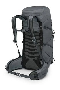 Front view of osprey unisex zaino talon grey backpack with gray atmos 65 fabric black mesh and adjustable straps