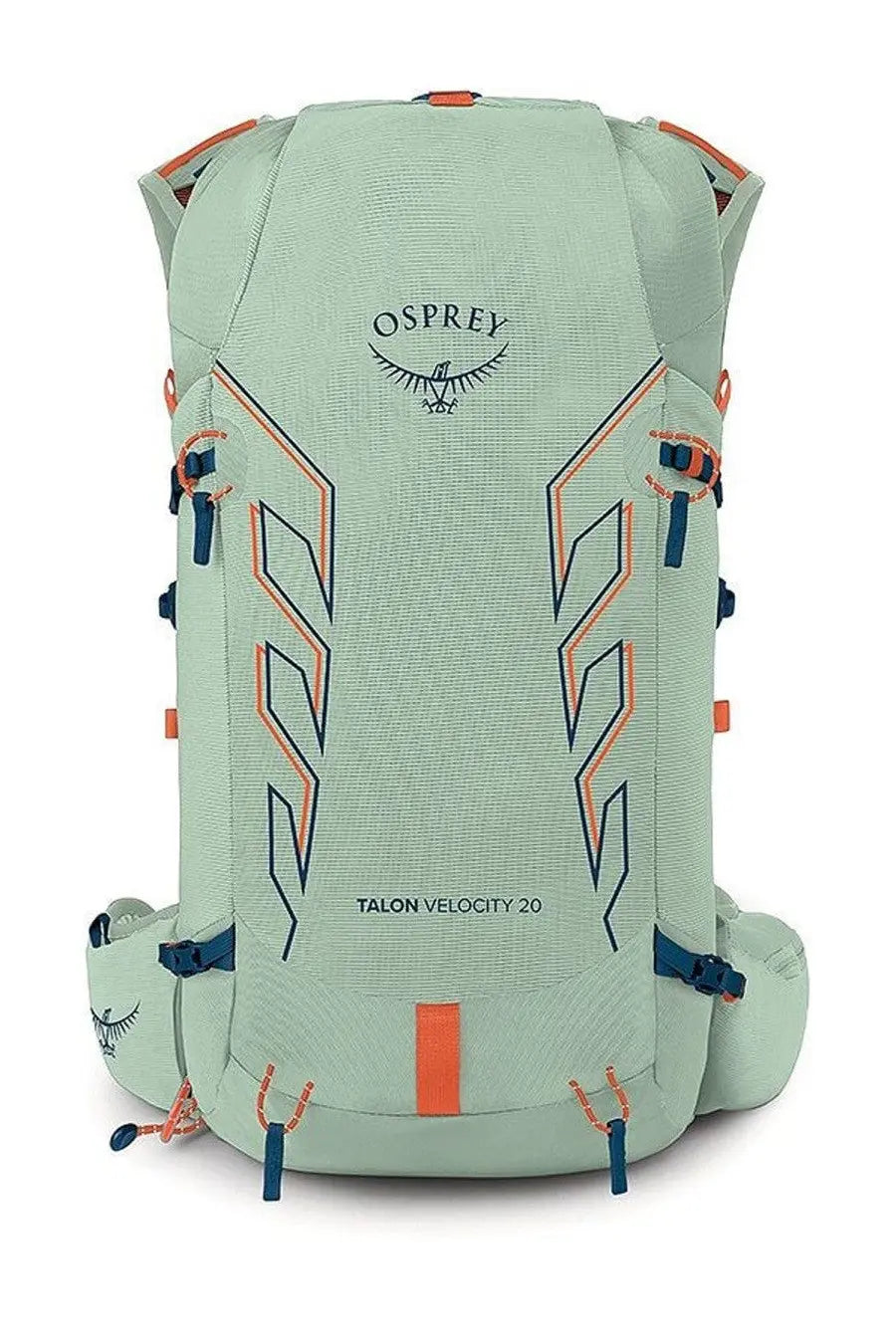 Light green osprey unisex zaino talon velocity backpack with orange and navy blue accents shown from the back side