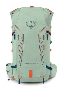 Light green osprey unisex zaino talon velocity backpack with orange and navy blue accents shown from the back side