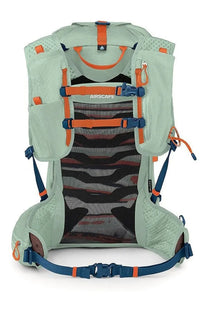 Back side of light green and orange Osprey Unisex Zaino Talon Velocity backpack with mesh back panel and adjustable straps
