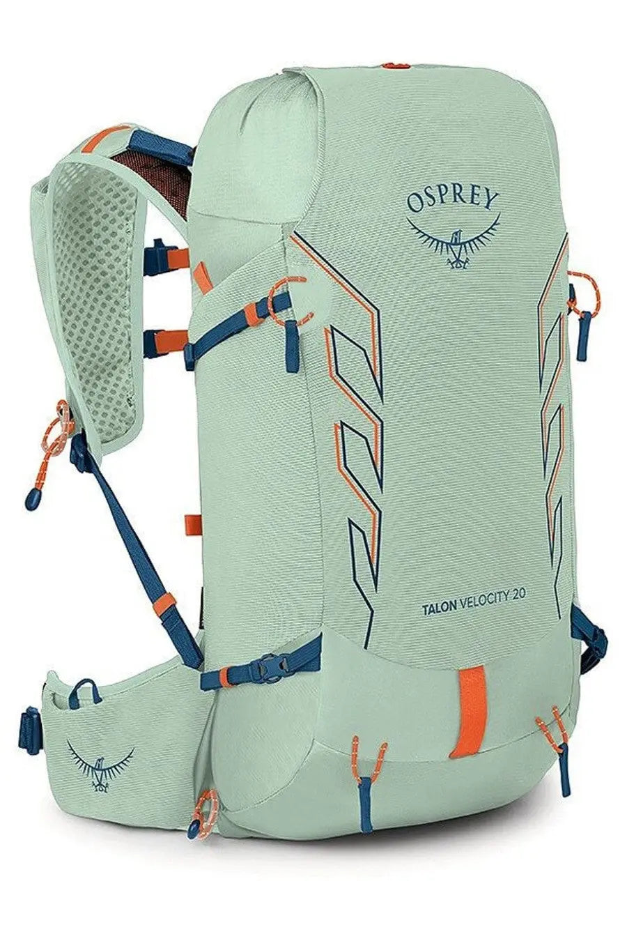 A mint green osprey unisex zaino talon velocity backpack with blue and orange accents for outdoor use