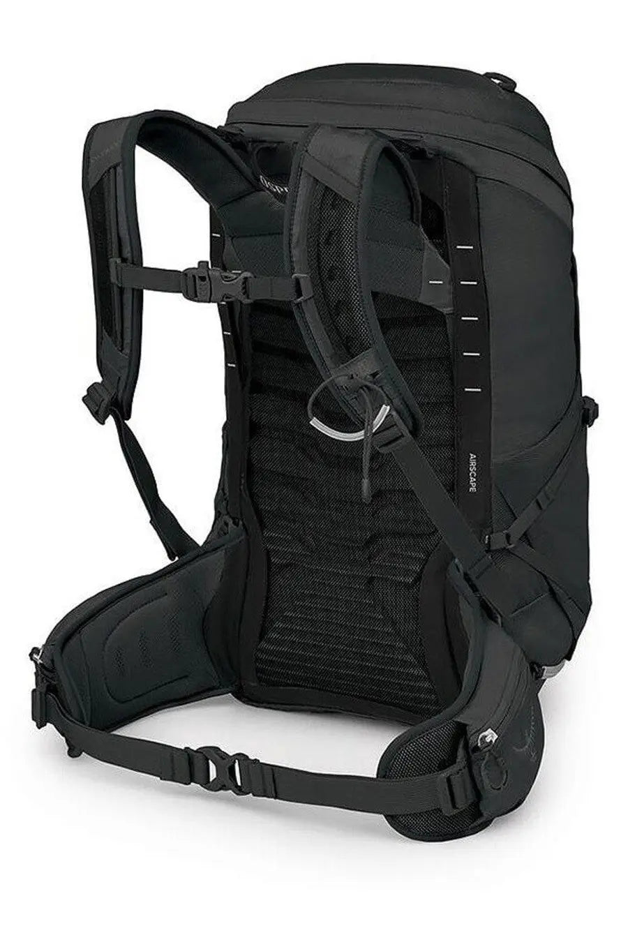 Black osprey unisex zaino tempest backpack back view with mesh back panel and adjustable straps