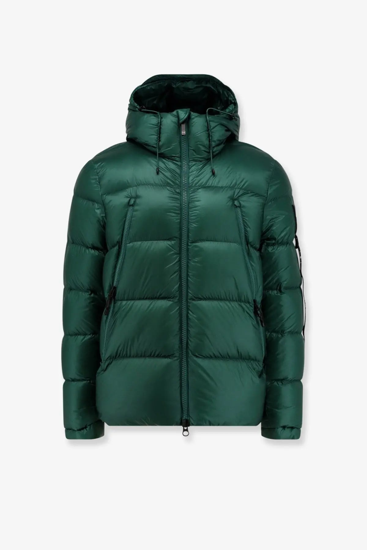 Outhere men’s strife dark green nylon down jacket with quilted design hood and black zipper accents
