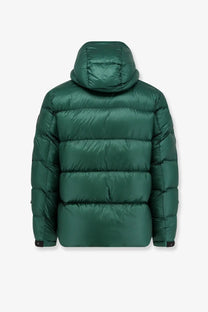 Outhere men’s Strife green nylon down jacket with hood and quilted design in dark green color