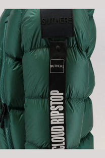 Outhere men’s strife nylon down jacket in emerald green with black branded strap and cloud ripstop text on the back