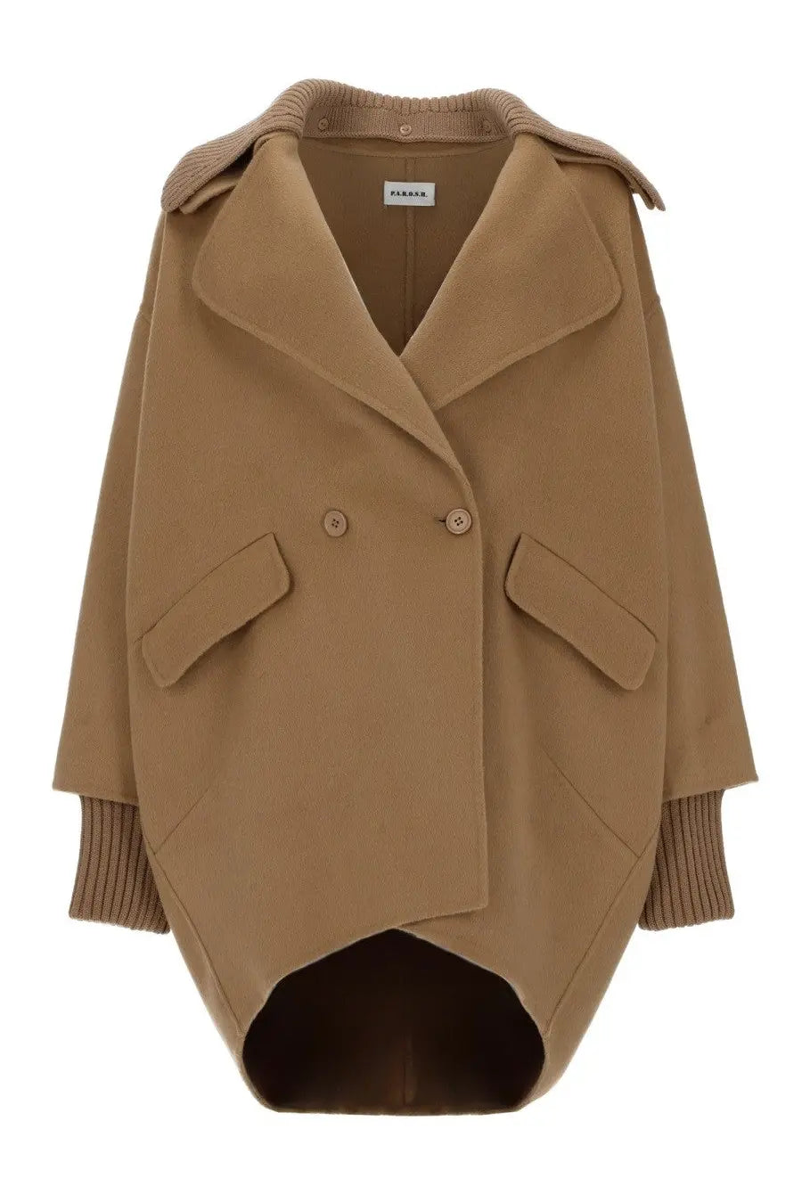 P.A.R.O.S.H women’s camel-colored wool double-breasted coat with ribbed knit cuffs and collar in a relaxed fit