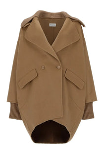 P.A.R.O.S.H women’s camel-colored wool double-breasted coat with ribbed knit cuffs and collar in a relaxed fit
