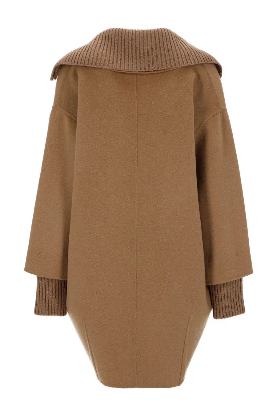 P.A.R.O.S.H women’s tan wool coat with ribbed knit collar and cuffs in beige for stylish cool weather wear