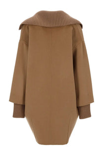 P.A.R.O.S.H women’s tan wool coat with ribbed knit collar and cuffs in beige for stylish cool weather wear