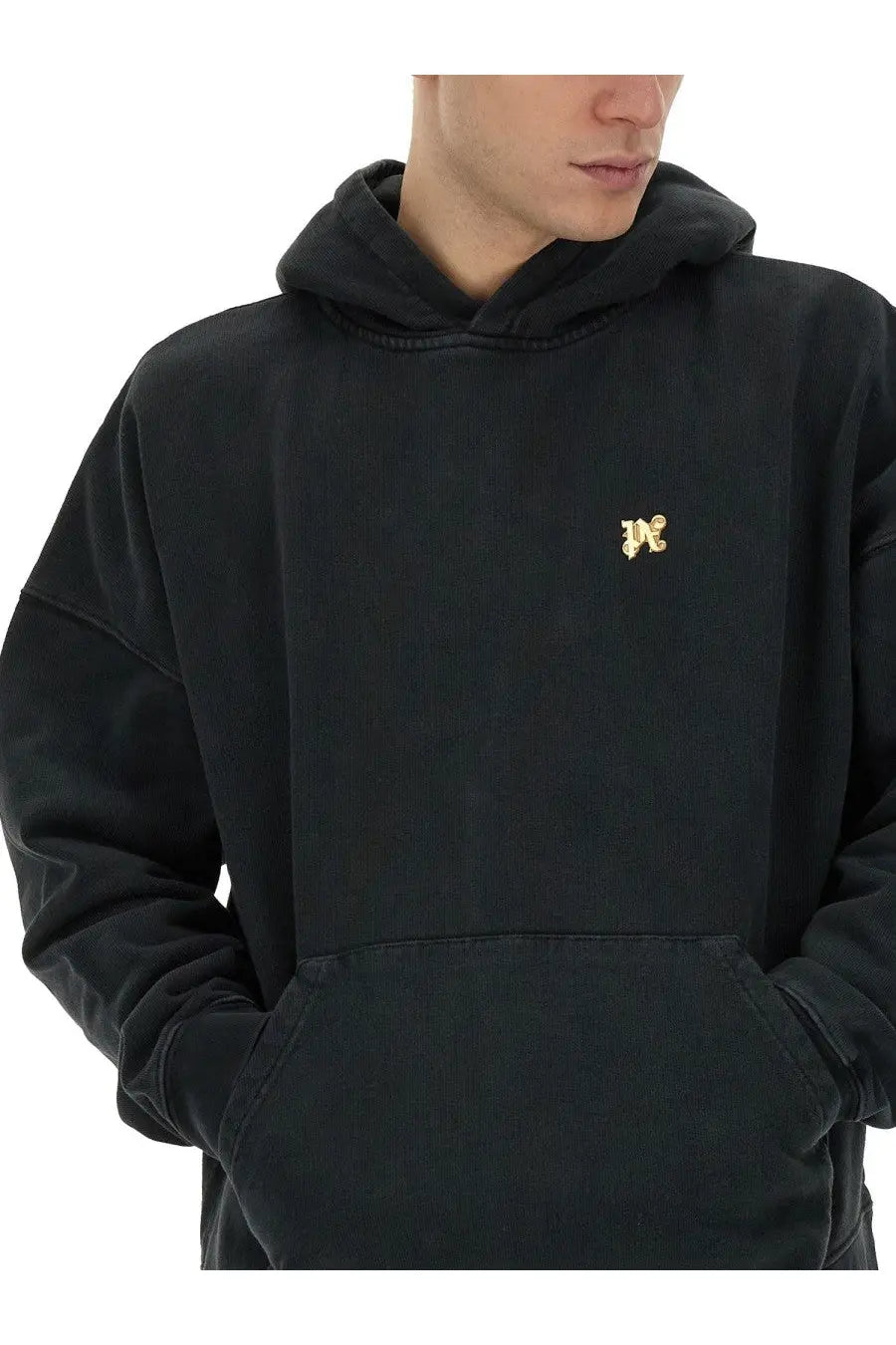 Palm Angels men’s black oversized hoodie with gold embroidered burning monogram logo on chest panel
