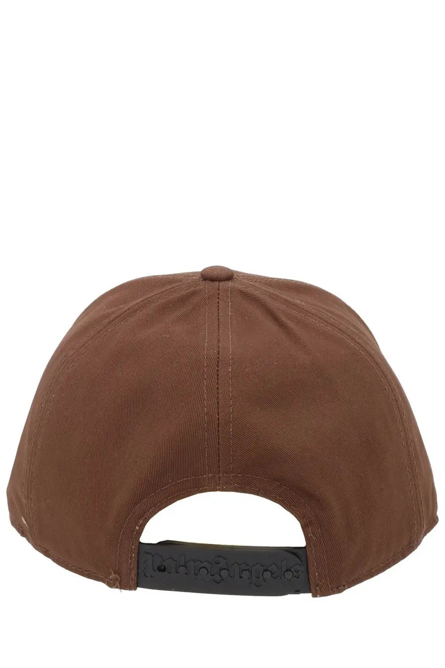 Brown palm angels men’s baseball cap with black adjustable strap embossed with brand name shown from the back
