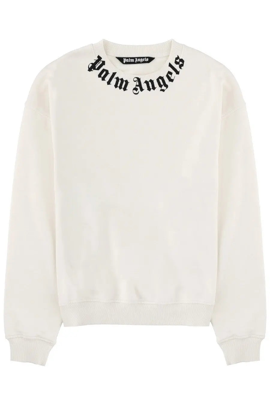 Palm Angels men’s cream-colored felpa sweatshirt with black gothic lettering across the neckline