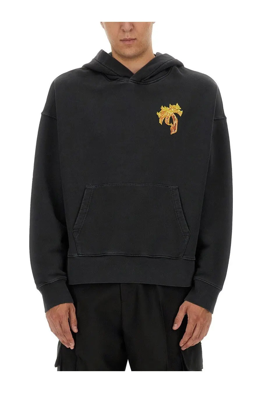 Palm Angels men’s black hoodie with gold and orange embroidered palm tree on the chest in cotton material