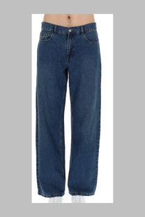 Palm Angels men’s dark blue denim jeans with relaxed wide-leg cut and classic five-pocket design