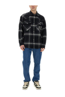 Palm angels men’s grey black and white plaid button-up shirt with embroidered logo on left chest pocket