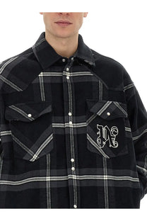 Black and white plaid flannel palm angels men’s monogram shirt grey with stylized m embroidery on chest pocket