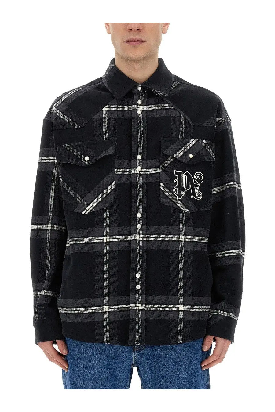 Palm angels men’s grey black and white plaid flannel shirt with embroidered m logo on left chest pocket